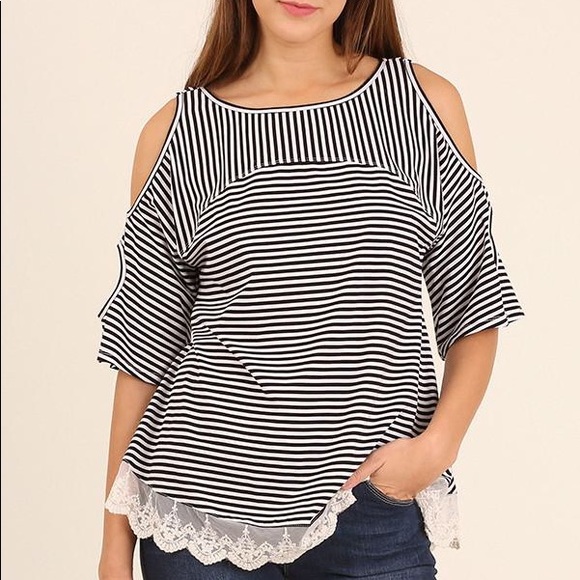 black and white striped cold shoulder top